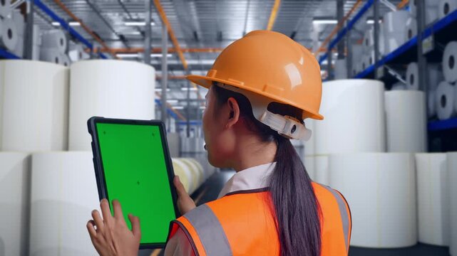 Close Up Back View Of Asian Female Engineer With Safety Helmet Working On A Green Screen Tablet And Looking Around at Warehouse with Rows of Stacked White Polymer and Paper Rolls