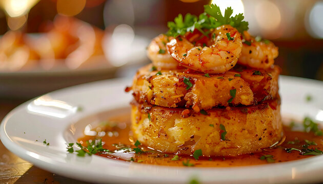 Shrimp mofongo on white dish with parsley garnish, rich garlic sauce, juicy shrimp, tasty food, appetizing Puerto Rican cuisine.