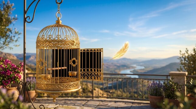 Golden birdcage opening to release a glowing feather against a beautiful scenic backdrop