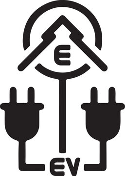 A black and white vector pictogram featuring a house roof outline, the letter E, and two electrical plugs, representing an electric vehicle station.