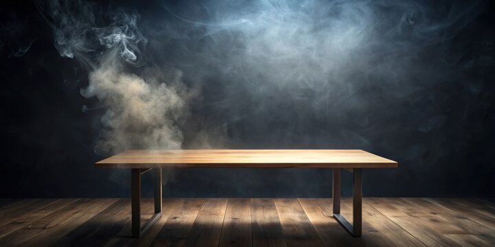 Empty wooden table with smoky atmospheric background, perfect for product display or scene setting.
