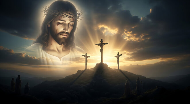 Spiritual cinematic depiction of Jesus Christ standing before Calvary Hill with mystical crucifixion crosses under a dramatic sky on Good Friday for Christian religious devotion and faith.