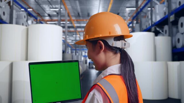 Close Up Back View Of Asian Female Engineer With Safety Helmet Working On A Green Screen Laptop And Looking Around at Warehouse with Rows of Stacked White Polymer and Paper Rolls