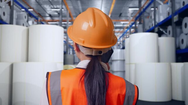 Close Up Back View Of Asian Female Engineer With Safety Helmet Talking On Smartphone While Standing at Warehouse with Rows of Stacked White Polymer and Paper Rolls