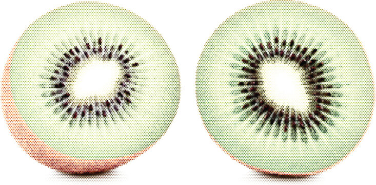 Print pop art vector halftone and comic fruit for graphic kiwi design retro