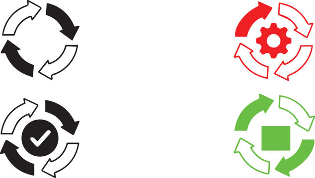 Circular process workflow icons set with arrows loop system automation gear check mark stop symbol vector illustration isolated design