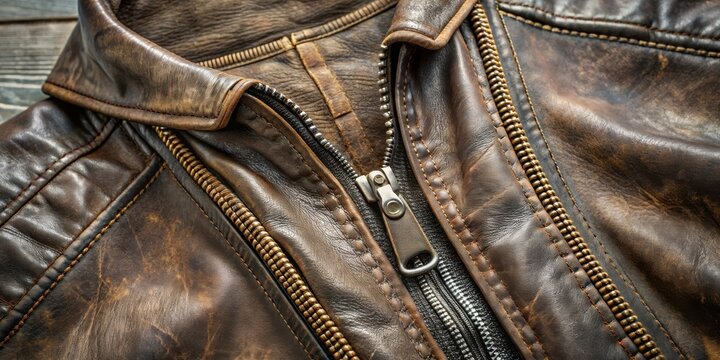 Close-up View of a Distressed Brown Leather Jacket Featuring a Detailed Zipper and Seam Detailing
