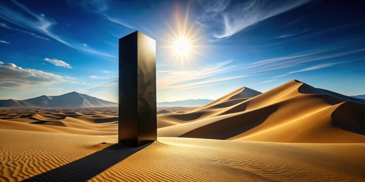A monolithic structure stands tall in a sun-drenched desert landscape, casting a long shadow on the undulating sand dunes under a vibrant sky