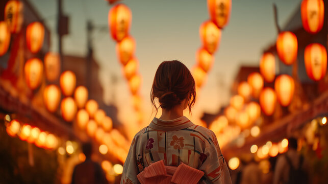 Woman in Kimono Walks Down Street Lined with Glowing Japanese Lanterns