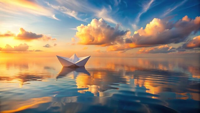 A solitary origami boat drifts serenely upon tranquil waters, mirrored in the sunset's vibrant reflection, a breathtaking scene of peace and hope at dawn