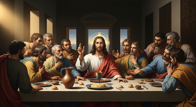 Biblical scene of Jesus Christ blessing sacred wine cup at dining table with faithful apostle group during the Last Supper biblical gospel narrative and holy communion ritual.