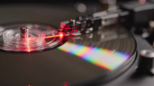 A close-up of a spinning laser disc with a vibrant rainbow reflection and a laser reading the grooves of the disc