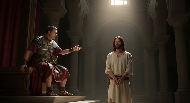 Biblical scene featuring Jesus Christ as a bound prisoner being interrogated by Roman Governor Pontius Pilate inside a shadowy ancient stone trial hall courtroom during historical trial.