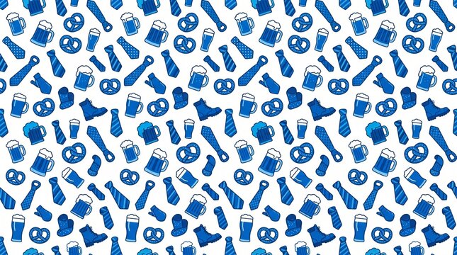 An abstract pattern featuring beer mugs, pretzels, neckties, and boots, symbolizing traditional celebrations 