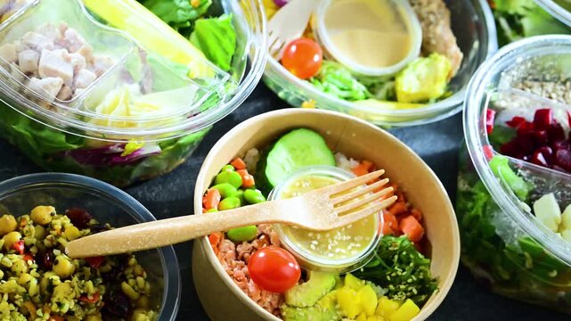 Plastic boxes with pre-packaged vegetable salads. Convenience food