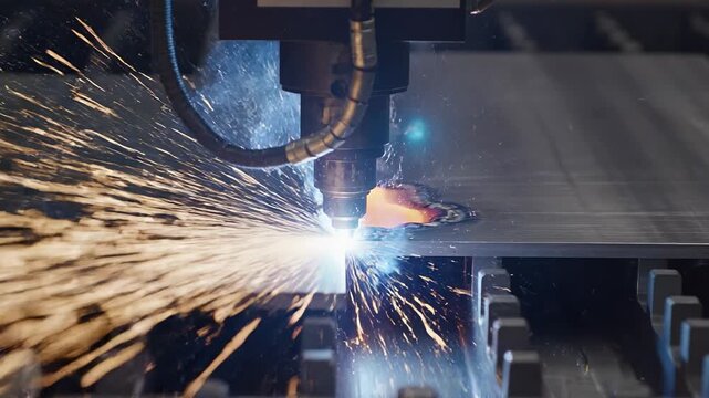 Close-up of a laser welding machine creating sparks while cutting through metal sheet in a workshop setting