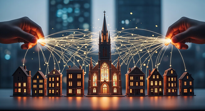 Human hands linking miniature residential house models to a central church building using luminous glowing light lines representing community connection, spiritual faith, and urban unity.