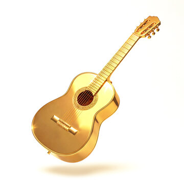 Złota gitara akustyczna na białym tle