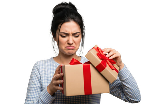 A young woman with a disgusted expression opening a gift box with a red ribbon, revealing an unpleasant surprise isolated on transparent background