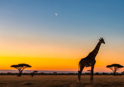 African sunset silhouette a majestic giraffe stands against a vibrant orange and blue sky