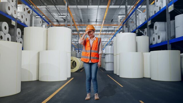Full Body Of Asian Female Engineer With Safety Helmet Having A Headache While Working at Warehouse with Rows of Stacked White Polymer and Paper Rolls
