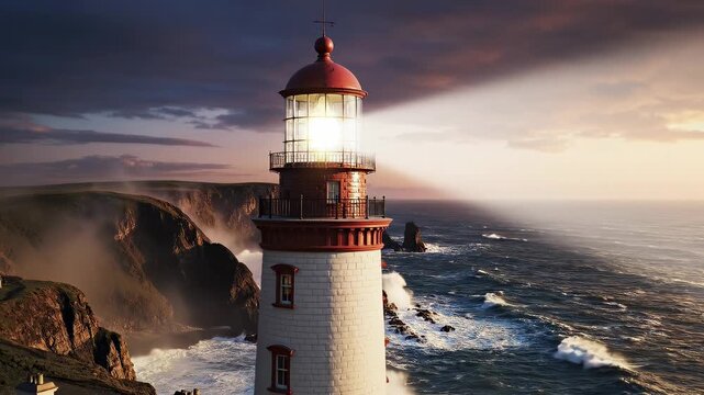 Intricate sketch transforming into a vibrant seaside lighthouse at sunset, showcasing waves and rugged cliffs