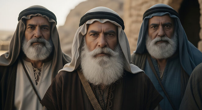 Group of wise ancient biblical elder figures wearing traditional desert attire and white beards looking directly at camera with serious and solemn expressions in a middle eastern setting