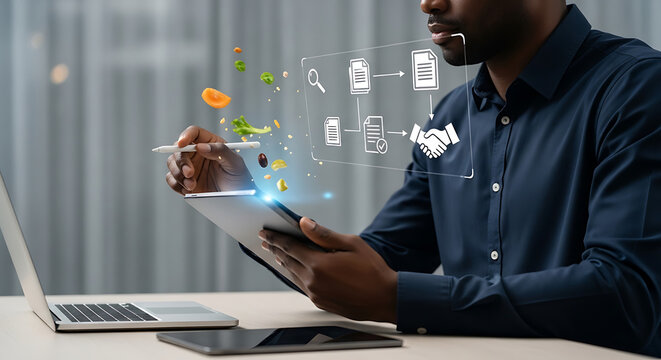 Procurement process management, Digital and paper document approval, contract verification, supplier negotiation, and business purchasing operations using laptop and paper in office environmen