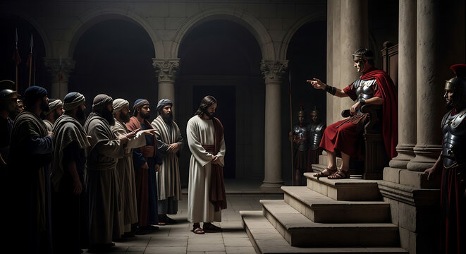 Dramatic Biblical trial of Jesus Christ before Roman official and Jewish pharisee during Holy Passion of Friday portraying historical religious scene and sacrifice.