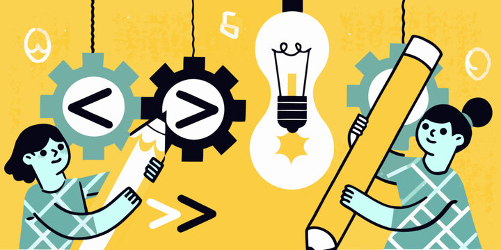 illustration of two people with pencils and gears against yellow background