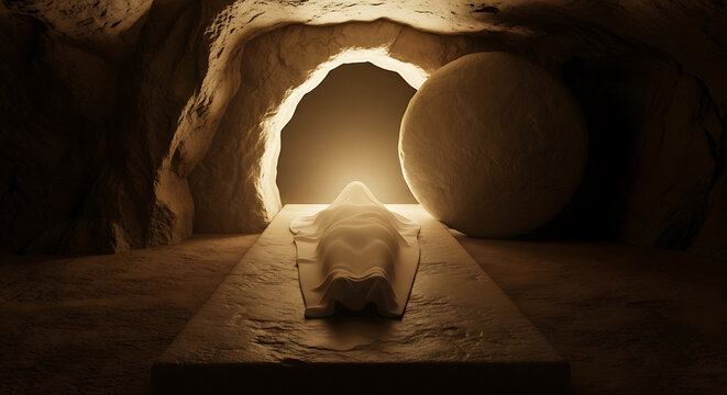 Hallowed vacant rock-hewn sepulcher of Jesus Christ within a stone grotto during the Resurrection miracle showing divine celestial glow illuminating a discarded linen burial shroud and cavern.
