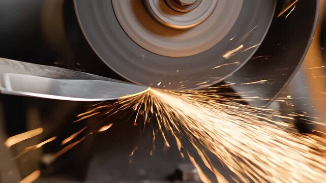 Close up of a knife blade being sharpened against a rotating grinding wheel creating a shower of bright orange sparks