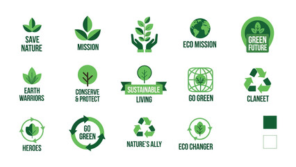 Fototapeta premium Eco-Friendly Logos Collection: A vibrant collection of eco-friendly logos promoting conservation, sustainability, and environmental consciousness, inspiring viewers to protect the planet.