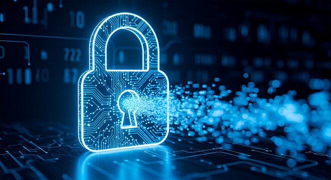 Digital padlock icon representing cybersecurity, data protection, and internet safety on a dark technological background with glowing circuits and binary code