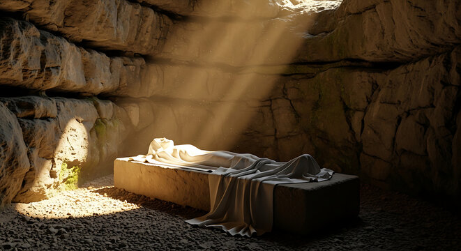Sacred empty linen shroud rests on ancient stone slab inside sunlit resurrection tomb cave, divine light illuminating the spiritual Christian Easter miracle of Jesus Christ rising.