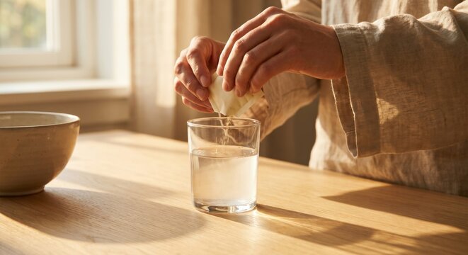Person pouring wellness supplement into a glass of water
