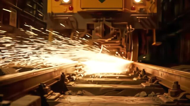 Heavy train wheels grinding on railway tracks creating intense bright sparks at night during rail maintenance or heavy braking