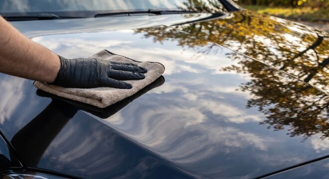 Professional car detailing with microfiber cloth on shiny hood