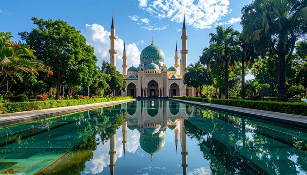 A serene mosque with a green dome and reflection pool.