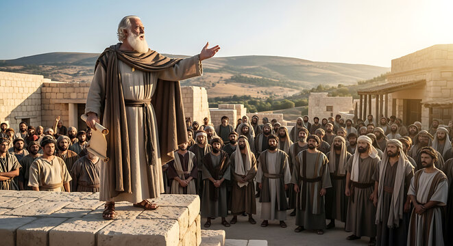 Wise elderly preacher wearing traditional biblical robes speaking to a diverse crowd of faithful men in an ancient historical desert land during a spiritual gathering of religious devotion.