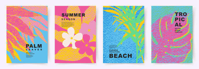 Obraz premium Creative of Summer bright posters set with abstract tropical leaves. Theme of Vacation, Travel, Beach. Trendy vector designs for branding, advertising, printing, banner, cover, decoration, sales 