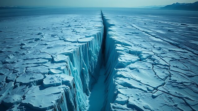 monopole. A vast glacier with a deep, dark crevasse splitting its surface, cold blue and white tones. travel magazines, destination branding, designed for outdoor magazines and nature guides.