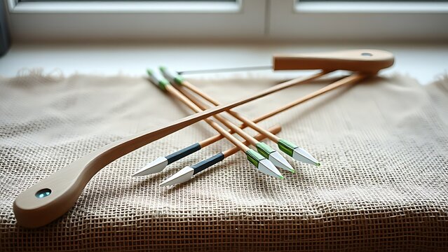 recurve. A longbow and three arrows arranged on burlap fabric. product launch decks, UI/UX mockups, data dashboards, designed for product launches and innovation pitches, used by researchers.