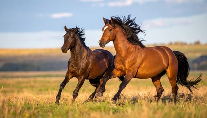 Obraz premium Two horses, one dark brown, one chestnut, run in a sunny grassy field. Hair flies, freedom, pastoral scene