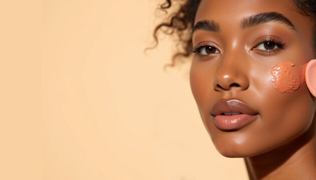 Young woman applying orange clay mask on her face with natural glow  