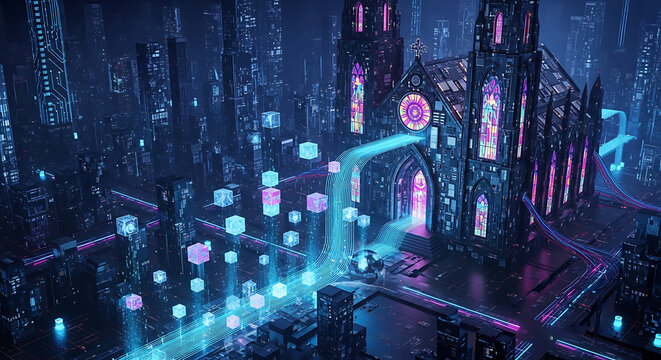 Futuristic digital pathway leading toward a majestic cathedral constructed from electronic circuits and glowing microchips, illustrating a conceptual fusion of spirituality and modern technology.