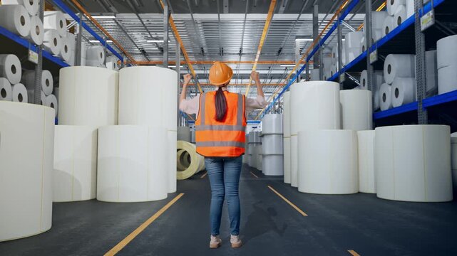 Full Body Back View Of A Female Engineer With Safety Helmet Raising Her Hands Celebrating While Working at Warehouse with Rows of Stacked White Polymer and Paper Rolls