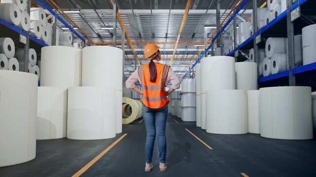 Full Body Back View Of A Female Engineer Wearing Safety Helmet Looking Around While Standing With Arms Akimbo at Warehouse with Rows of Stacked White Polymer and Paper Rolls