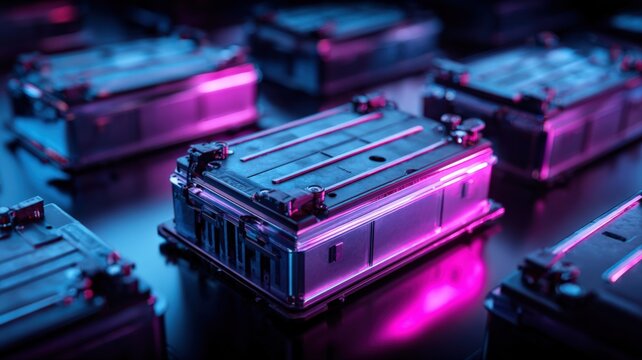 Rows of futuristic rechargeable lithium ion batteries in a dark, neon-lit environment, symbolizing energy storage and technology