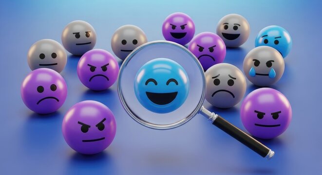 Colorful egg characters with faces and a magnifying glass focusing on happiness